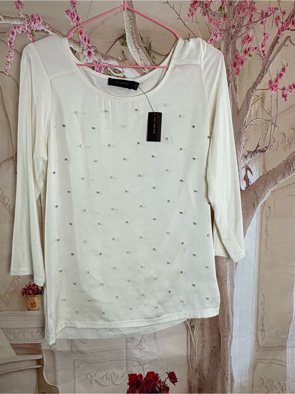 NEW The Limited Cream Scoop Neck Studded Long Sleeve Top - Picture 2 of 9